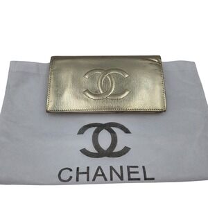 Chanel Gold Metallic‎ CC Logo Continental Wallet Clutch Long Card Holder
